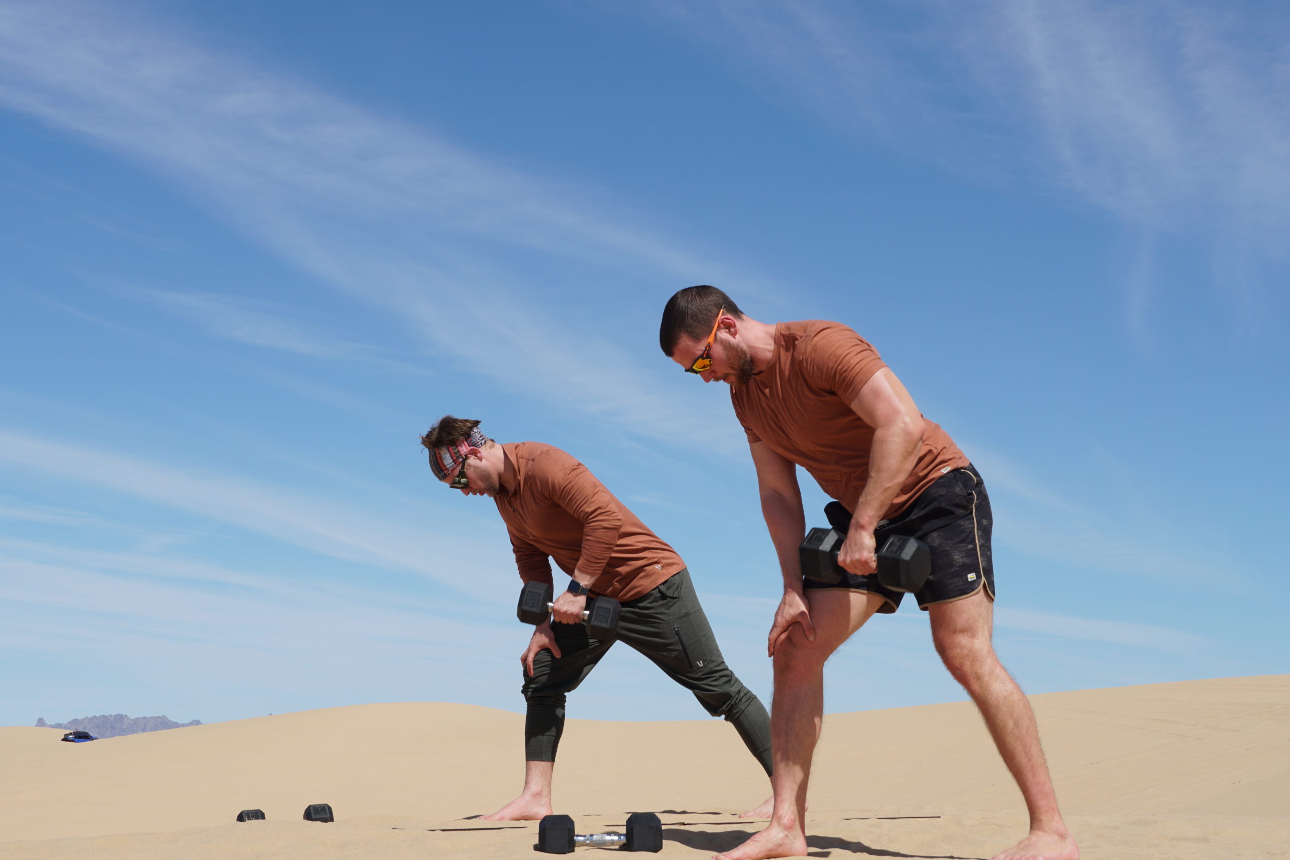 The Body Casual founders, Kellen and Steven working out in the desert.