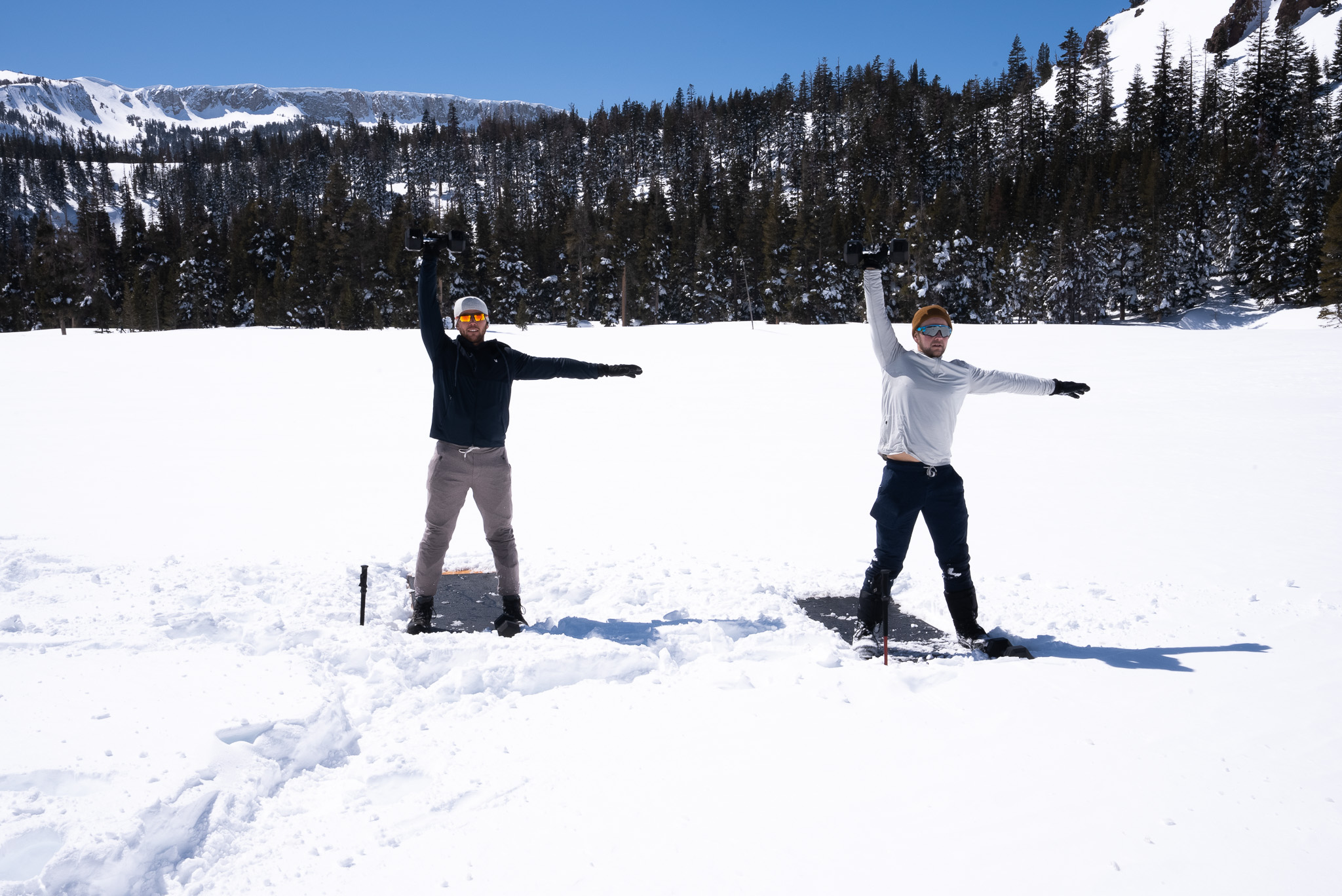 Founders of Body Casual, Kellen and Steven working out in the snow at Big Bear.