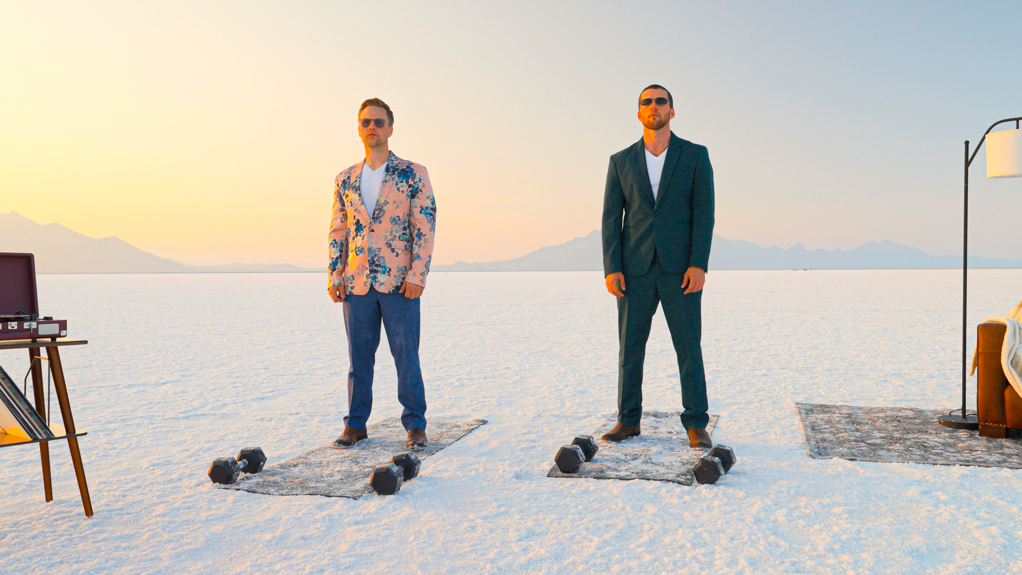 Body Casual Founders, Steven and Kellen at the Salt Flats in Utah posing for their Big Picture Work Out featuring DJ AFFKT